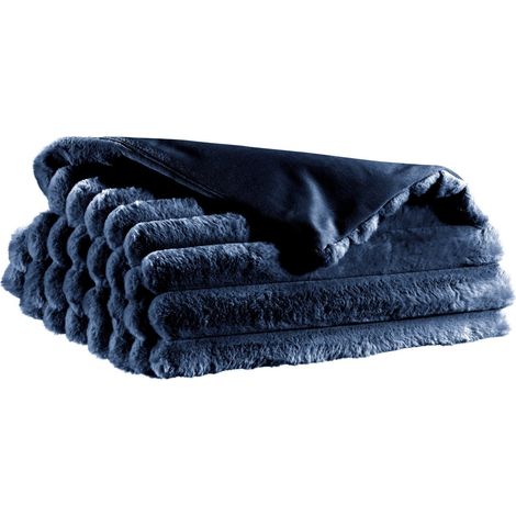 Couvre-lit jeté de lit en fausse fourrure ultra-douce bleu marine 180 x 260 cm - PANGIVO (1/3)