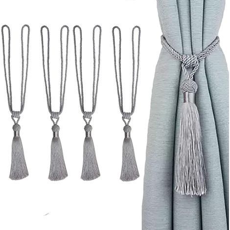 Abrazaderas de cortinas hechas a mano con cuerda y pompones para decoración del hogar o la oficina (plata, 4) (1/5)