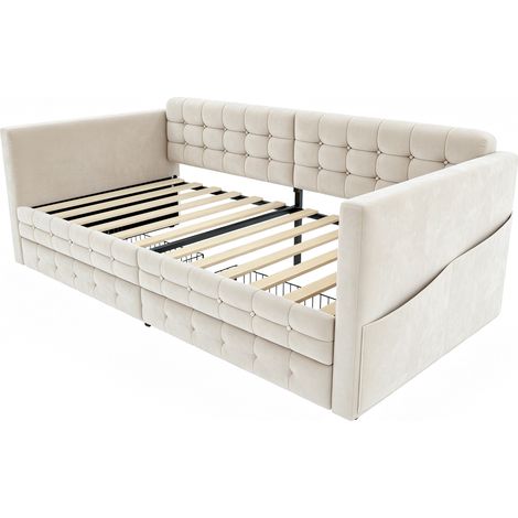 Cama tapizada 90x190 cm en terciopelo beige con cajones y bolsillos laterales (1/5)