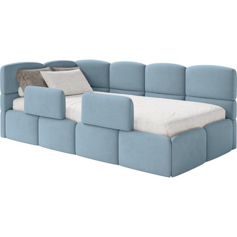 Selsey Cloudy – Kinderbett 120x200, Kopfteil links, Matratze & Bettkasten, Samt Hellblau