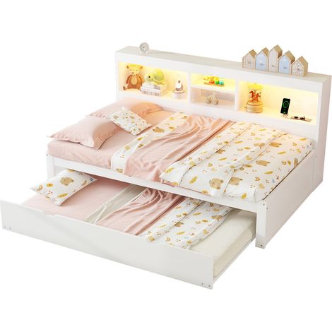 Lit gigogne 90x200 cm en panneaux de particules/MDF blanc, avec LED, rangements et prises USB (1/5)