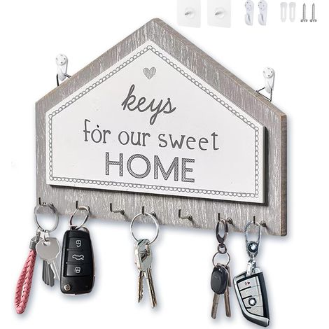Porte Clé Mural en Bois à 7 Crochets, Autocollant ou Perforateur Porte Clef Mural d'installation à 2 Voie, Porte Cles Murale, Accroche Clé Mural pour la Maison (Gris) (1/5)