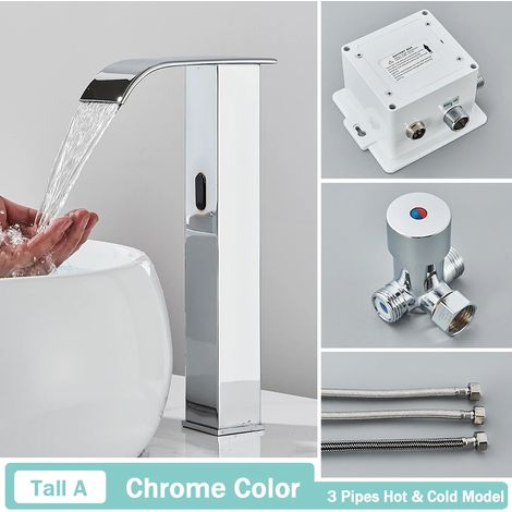 (Chrome A Tall) Robinet de lavabo de salle de bain noir à capteur intelligent sans contact, mitigeur automatique à cascade, eau chaude et froide, robinet de lavabo Crane (1/5)