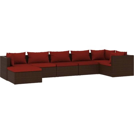Salon de jardin 7 pcs Mobilier de jardin avec coussins Résine tressée Marron (1/5)