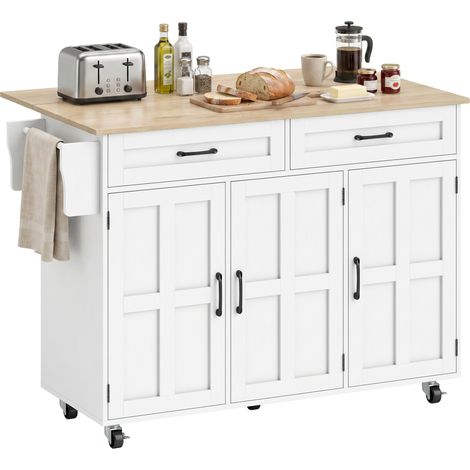 HOMCOM isla de cocina con encimera extensible, ruedas, 2 cajones, 3 armarios, estantes en la puerta, toallero y estantes ajustables, blanco (1/5)