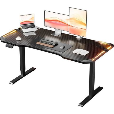 EcoFurnix Bureau Assis Debout Electrique 160 x 60 cm, Bureau Gaming Table Reglable Hauteur avec Surface en Fibre de Carbone, Noir
