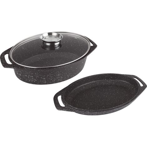 Cocotte Plat à Four 3 pièces 38 x 26 x 12,8 cm Fonte d'Aluminium Revêtement Type Pierre Couvercle en Verre Tous Feux dont Induction Sans PFOA 0008049 (1/2)