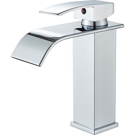 Robinet de salle de bain chromé,Mitigeur Lavabo Cascade Robinet de lavabo monocommande avec bec hauteur 13 cm, mitigeur pour eau froide et chaude dans la salle de bain (1/5)