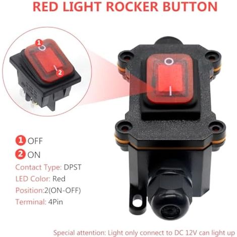 Interrupteur à bascule marche/arrêt DPST 4 broches étanche IP67 12 V CC 20 A avec voyant LED rouge pour usage extérieur (1/5)