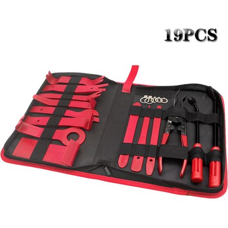 Ensemble de 19 pièces d'outils pour le démontage audio des panneaux de portières de voiture, comprenant un levier, un tournevis, une pince à phares et des clips.