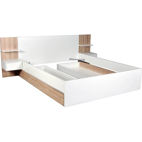 Lit avec tiroirs 160 x 200 cm – Avec 2 chevets et tablettes - Blanc et naturel – KLYRANA (1/5)