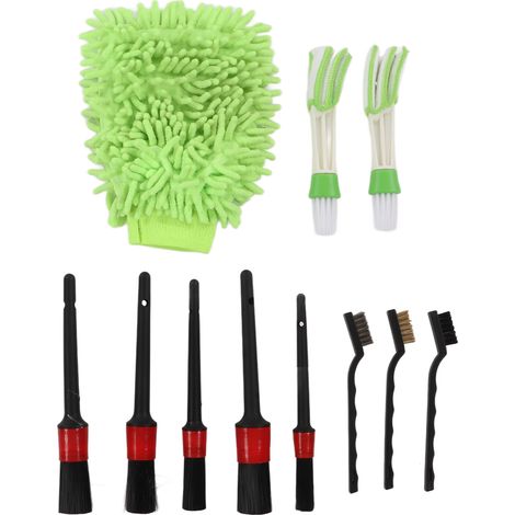 11PCS Brosse de Nettoyage Auto Set Intérieur Extérieur Plastique pour Jantes Essuie-glaces Vitres Vert (1/5)