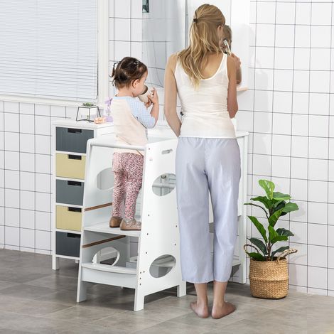 Tour Montessori à hauteur réglable sur 3 niveaux. Tour d'apprentissage en bois pour enfants. Échelle blanche pour enfants.