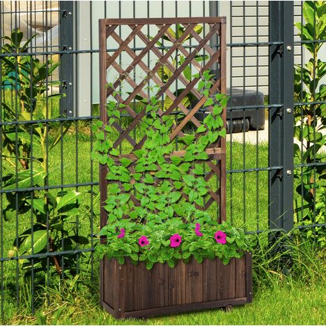 Jardinera elevada 72.5x31.5x149.5 cm marrón de madera maciza con enrejado para trepadoras (1/5)