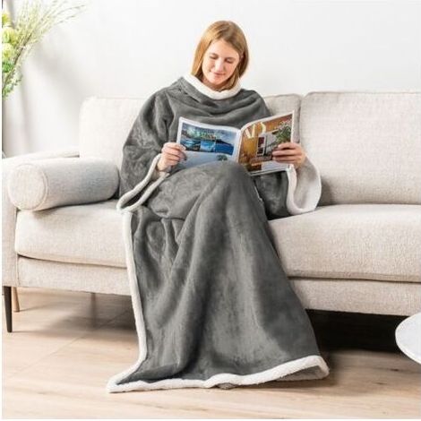 Classy Couverture confortable TV couverture complète du corps avec manches et poches couverture chaude sherpa en micropeluche des deux côtés pour femmes hommes adultes 170 x 120 cm, Gris (1/4)
