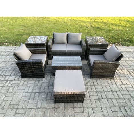 Fimous 5 Seater Outdoor Lounge Sofa Set Wicker PE Rattan Garden Furniture Set with Rectangular Coffee Table Double Seat Sofa 2 Side Tables Big Footstool Dark Grey Mixed (1/5)