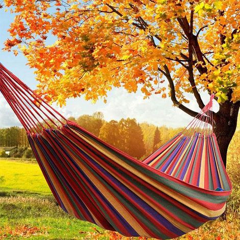 Hamac en toile 190 x 80 cm, longueur totale 190 cm, charge maximale 100 kg. Hamac de voyage confortable à rayures rouges, idéal pour l'extérieur : camping, balcon, jardin, plage. (1/5)