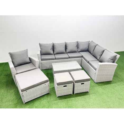 Fimous Garden Outdoor PE Rattan Furniture Set 10 Seater Rattan Garden Sofa Set with 3 Footstools Light Grey Mixed (1/4)