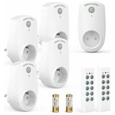 Confezione da 5 prese elettriche programmabili, prese con telecomando wireless con 2 telecomandi e 2 batterie incluse, distanza di controllo di 30 m in aree aperte, funzione di accensione/spegnimento.