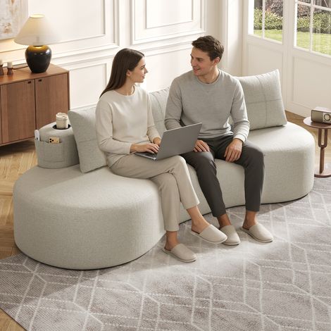 Canapé en lin beige 4 coussins garnissage mousse haute densité plumes porte-gobelet poche latérale 200x85x85cm