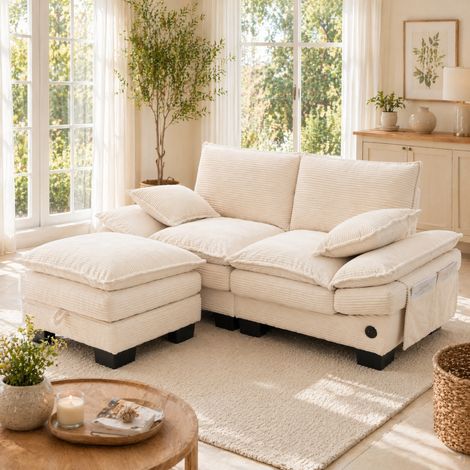 Sofá modular de 2 plazas de tejido beige con pouf, USB-C y bolsillos laterales (1/5)