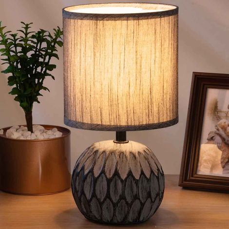 Lampe de table base sphérique en céramique, abat-jour en tissu gris au design moderne, lumière chevet, chambre à coucher, ampoule E14 max 40 W, 26 x 14 cm (1/5)