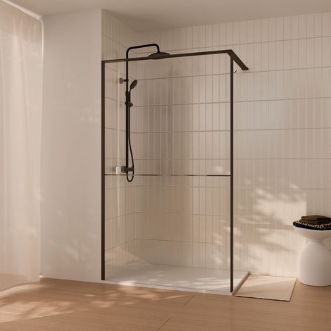 paroi de douche 120x200cm - cadre et étagère finition chêne foncé - verre 8mm anticalcaire - ethan (1/5)