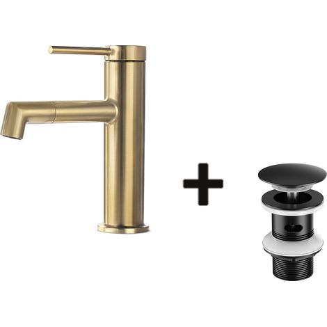 Lonheo Mitigeur de Lavabo Doré Rotatif à 360°,Eau Chaude/Froide,Barboteur Démotable+Bonde Lavabo Bonde Pop-up avec Trop-plein Automatique Universelle,Noir (1/5)