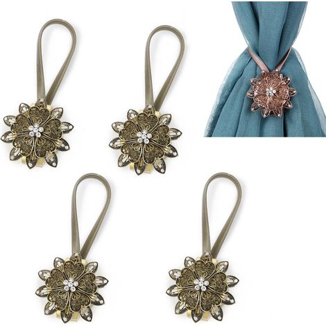 Juego de 4 alzapaños para cortinas, diseño de flor de cristal, imán potente, no requiere taladrar, acero inoxidable, para sala de estar u oficina. (1/5)