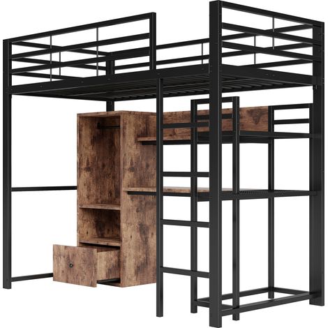 Letto a soppalco 90 x 200 cm in metallo nero con scrivania, LED, cassetto, scaffali e scala (1/5)