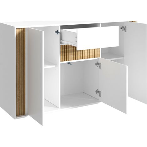 Weiße Kommode mit natürlicher Holzoptik, 3 Türen, 1 Schublade, dimmbare LED, 140x40x82 cm (1/5)