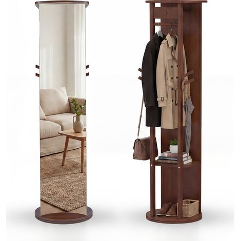 Miroir sur Pied, Miroir avec Porte-Manteau 3 en 1, Base Pivotante à 360°, 2 Étagères, 4 Crochets et 1/2/2 Barres, pour Chambre à Coucher, Vestiaire, (1/5)