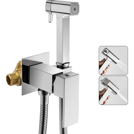 Douchette Bidet WC Mural en Laiton - Double Mode (Jet/Doux) avec Tuyau 1,5m - Chromé
