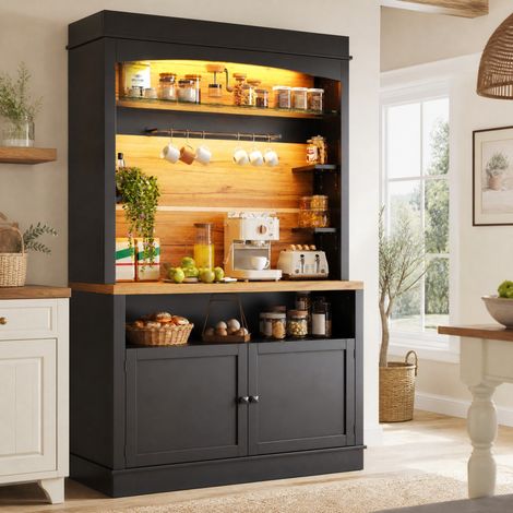 Set di 2 mobili cucina alti 107x43x184 cm, con illuminazione LED, ripiani aperti, MDF e metallo nero (1/5)