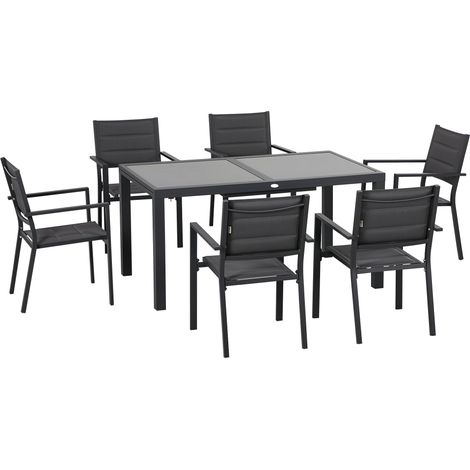Set Tavolo Allungabile in Vetro e 6 Sedie da Giardino in Alluminio e Tessuto a Rete Grigio Scuro (1/5)