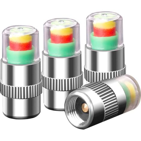 4 Pièces Bouchons Valve Pneu Voiture, Couvercle Poussière Valve Pneu, Moniteur Pression Pneu, Indicateur de Capteur d'Avertissement de Sécurité à 3 Couleurs (1/5)