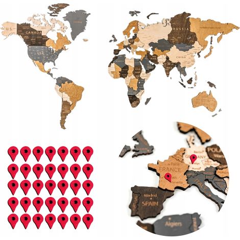 Carte du monde murale en bois 3D XXL avec géolocalisation pour marquer les itinéraires de voyage (1/5)