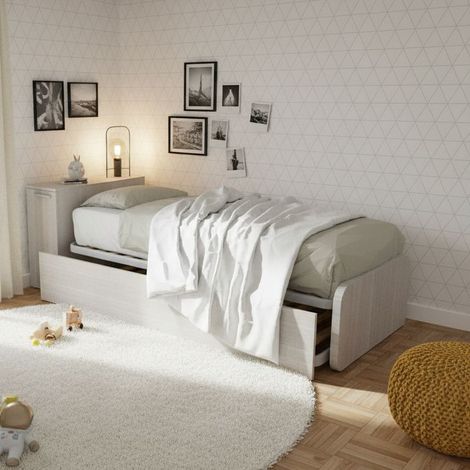 Letto singolo con secondo letto estraibile e testata testiera contenitiva - 80x190 - Rovere rock