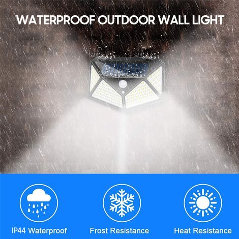Applique murale solaire avec capteur de mouvement, 100 LED, étanche, lampe d'extérieur, alimentée par PIR, éclairage de paysage, marche/arrêt automatique, pour clôture, porte d'entrée, balcon, cour, j (1/5)