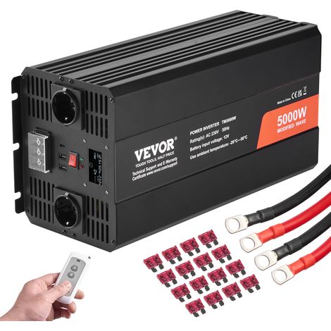 VEVOR Inversor de corriente de onda sinusoidal modificada inversor de corriente de 5000 W CC 12 V a CA 230 V con 2 salidas de CA, 2 puertos USB, 1 puerto tipo C, pantalla LCD y control remoto