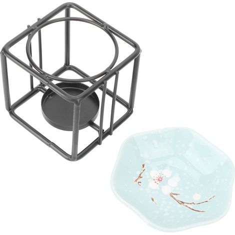 Brûleur d'huile parfumée, cadre en fer, bol en céramique bleu, porte-bougie chauffe-plat, diffuseur d'arômes pour maison, décoration élégante (1/5)