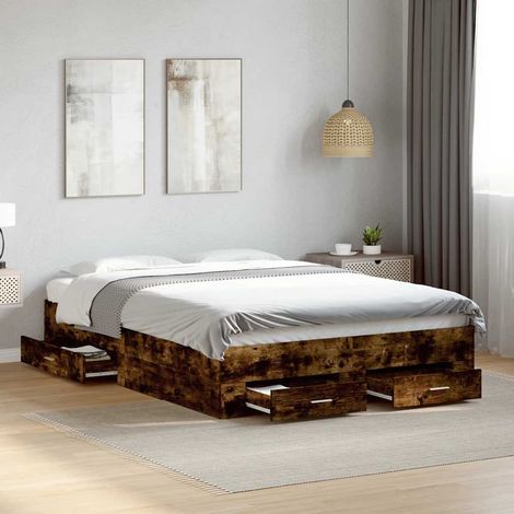 vidaXL Cadre de lit avec tiroirs sans matelas chêne fumé 140x190 cm (1/5)