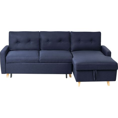 Corner Sofa Bed 4 Seater FLAKK Fabric Navy Blue with Storage Left Hand (1/5)