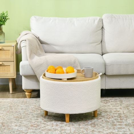 Tabouret rembourré ottoman, 56 cm x 56 cm x 42 cm, polaire en peluche, rangement caché, couvercle réversible, blanc