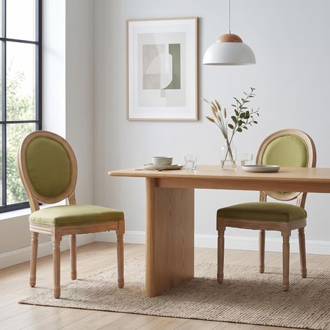Lot de 2 Chaises Bois Massif - Dossier confortable Lin Rembourrée, finition vieillie - style campagnard, vert olive (1/5)