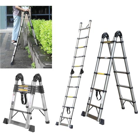 Échelle Télescopique en Aluminium 3.2 m (1.6 m + 1.6 m) avec Stabilisateur et Roues Capacité 150 kg pour Nettoyage Gouttières et Réparations Extérieures (1/5)