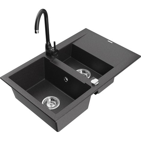 Mexen Gaspar lavello in granito a 1,5 vasche con sgocciolatoio e miscelatore cucina Telma, nero punteggiato - 6507-76-670200-70 (1/5)