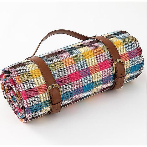 Couverture de pique-nique imperméable en acrylique à carreaux, tapis outdoor lavable et pliable, natte de camping avec sangle en cuir (1/3)