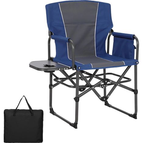 Chaise De Camping Pliante XXL, Dossier Haut, Table Latérale Et Porte-gobelet, Capacité 150 kg, Idéale Pour Pêche, Plage, Bleu