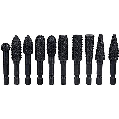 Lntyq 10Pcs Ensemble de Râpes Rotatives pour Fraises 6.35 mm Fraises Rotatives de Poignée Hexagonale en Acier Carbone Outil de Sculpture pour Sculpture sur Bois, Polissage Métaux, Gravure, Noir